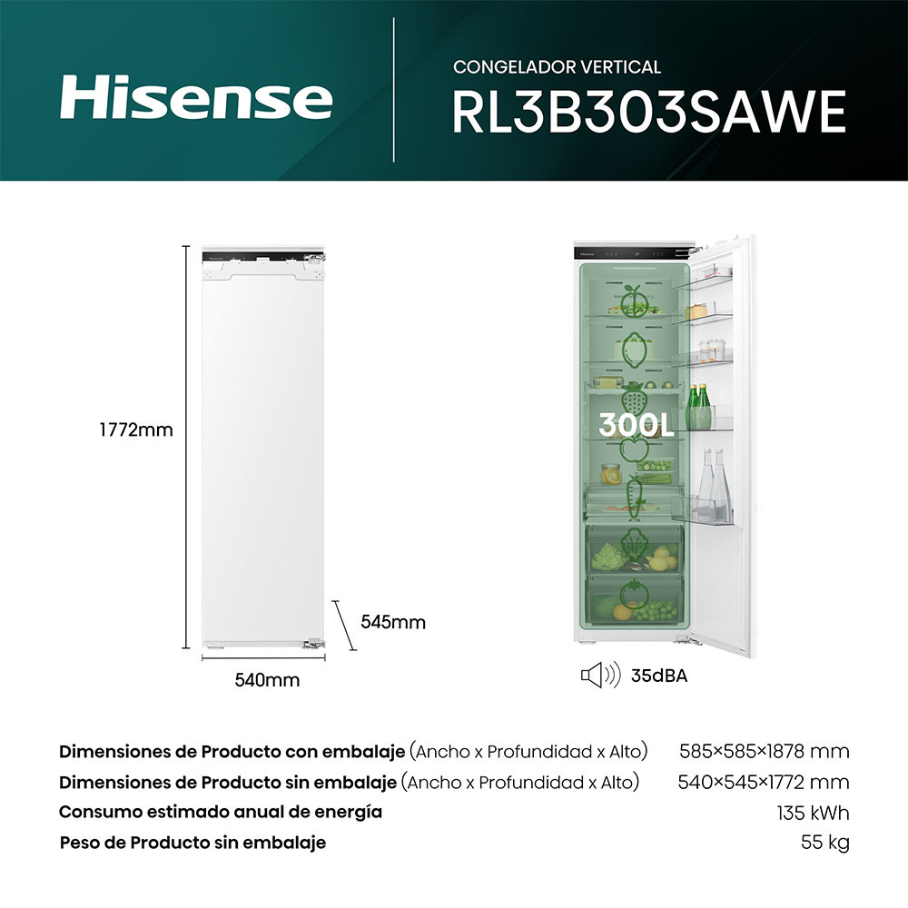 Frigorífico HISENSE RL3B303SAWE, Clase E, 177x54x55 cm, Integrable, NoFrost. - Imagen 2