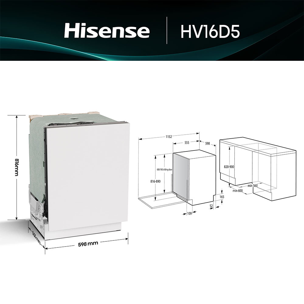 Lavavajillas HISENSE HV16D5, 3ªBandeja Clase D, 60 cm, Integrable, 16 Servicios. - Imagen 6