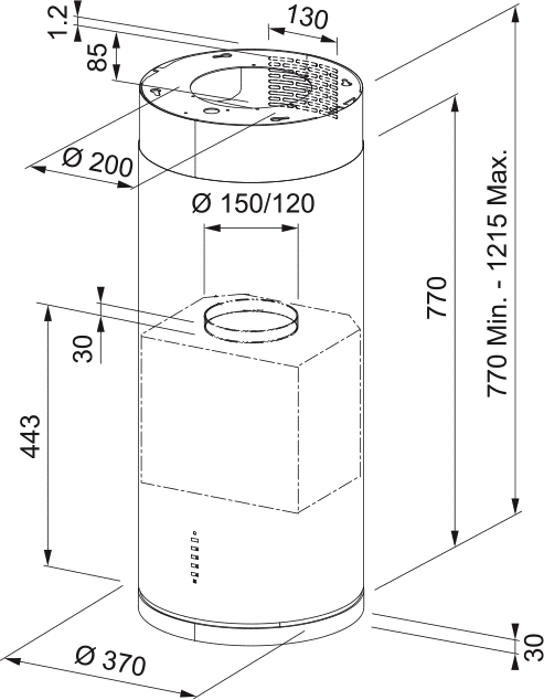 Campana Mepamsa Cylindra Isla Pro, 37 cm, Inox, Clase B, Isla. - Imagen 2